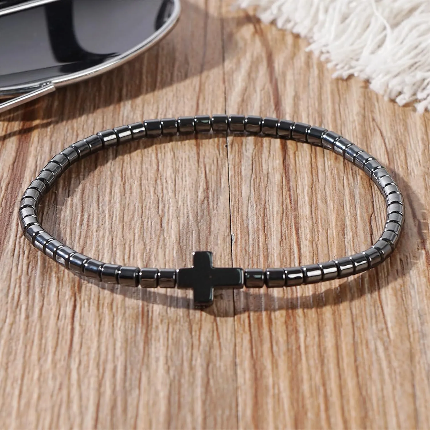 Black Hematite Beaded Stretch Braided Bracelet for Man Woman, Goth Handmade Bead Religious Punk Bracelets Accessories Fashion Jewelry Fathers Gift