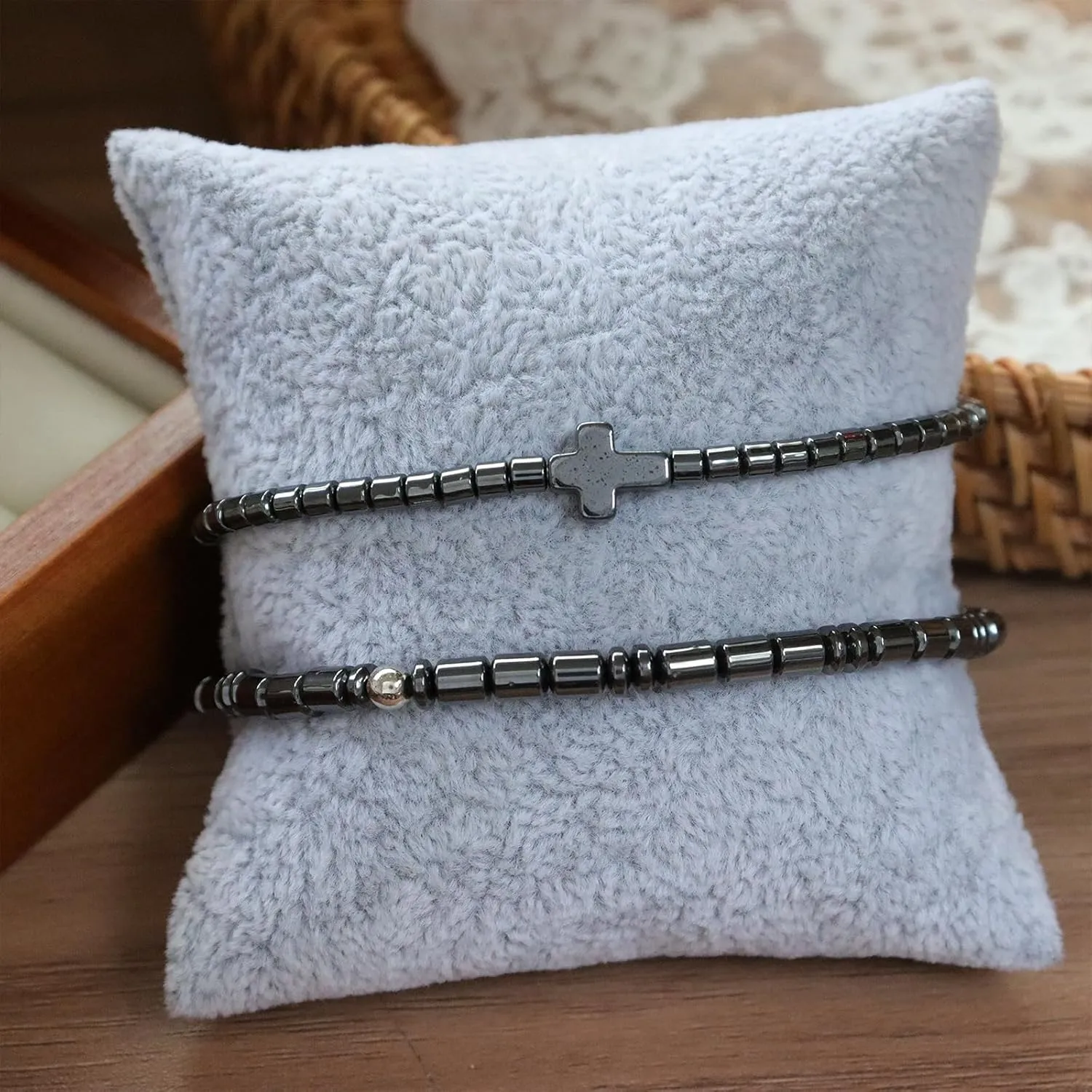 Black Hematite Beaded Stretch Braided Bracelet for Man Woman, Goth Handmade Bead Religious Punk Bracelets Accessories Fashion Jewelry Fathers Gift