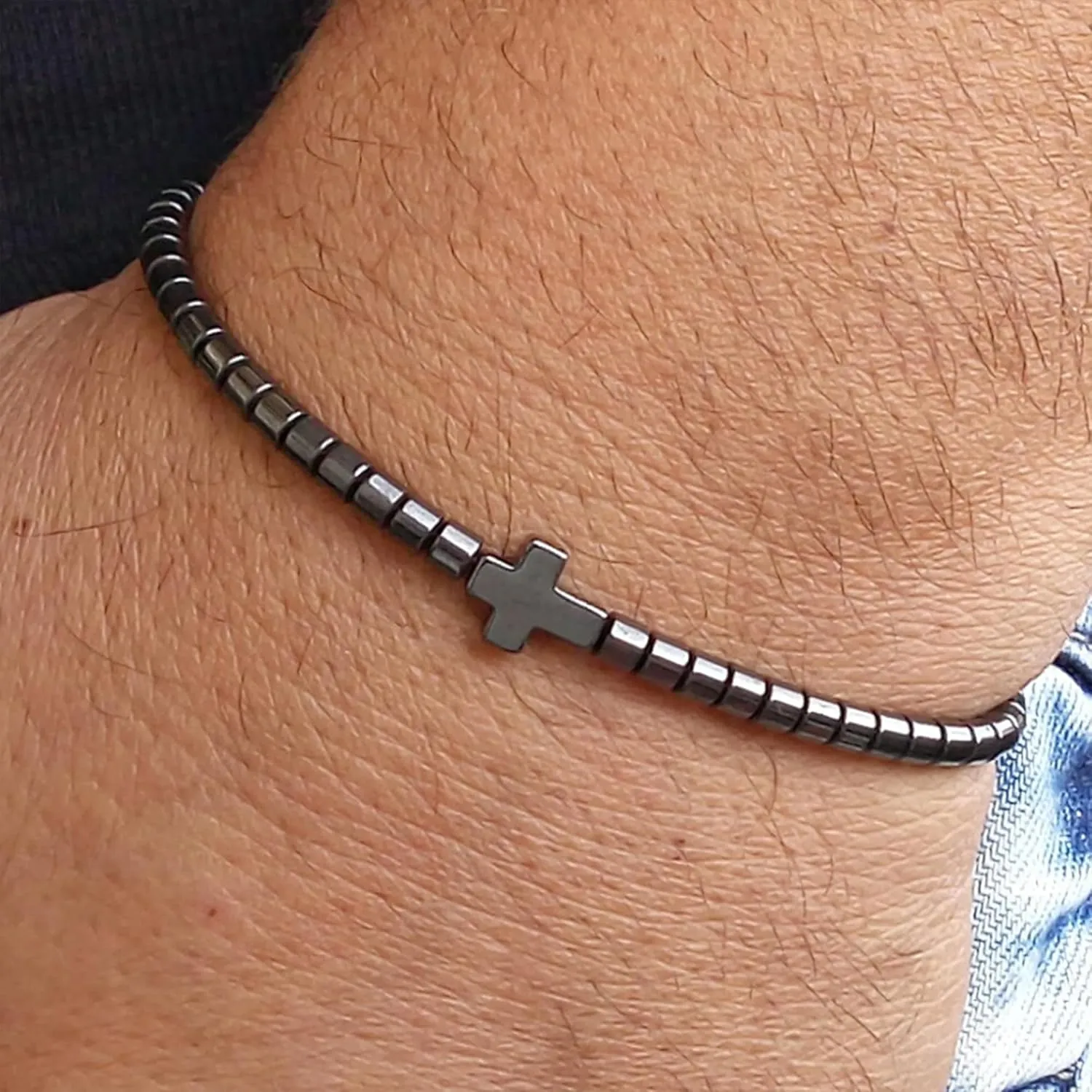 Black Hematite Beaded Stretch Braided Bracelet for Man Woman, Goth Handmade Bead Religious Punk Bracelets Accessories Fashion Jewelry Fathers Gift