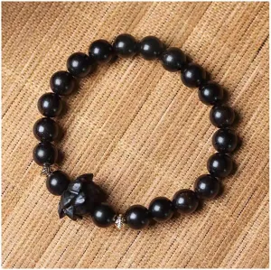 Black Sandalwood Handcarved Lotus Bracelet Vintage Single Loop Wooden Buddha Bead Bracelet for Meditation Prayer