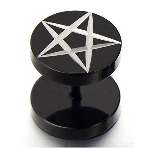 Black Stainless Steel Mens Pentagram Stud Earrings, Cheater Fake Ear Plugs Gauges Illusion Tunnel 2 Pcs