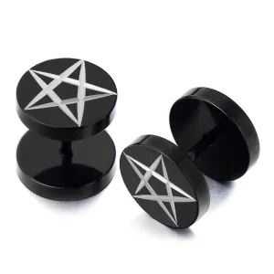 Black Stainless Steel Mens Pentagram Stud Earrings, Cheater Fake Ear Plugs Gauges Illusion Tunnel 2 Pcs
