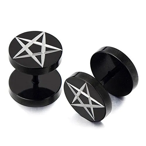 Black Stainless Steel Mens Pentagram Stud Earrings, Cheater Fake Ear Plugs Gauges Illusion Tunnel 2 Pcs