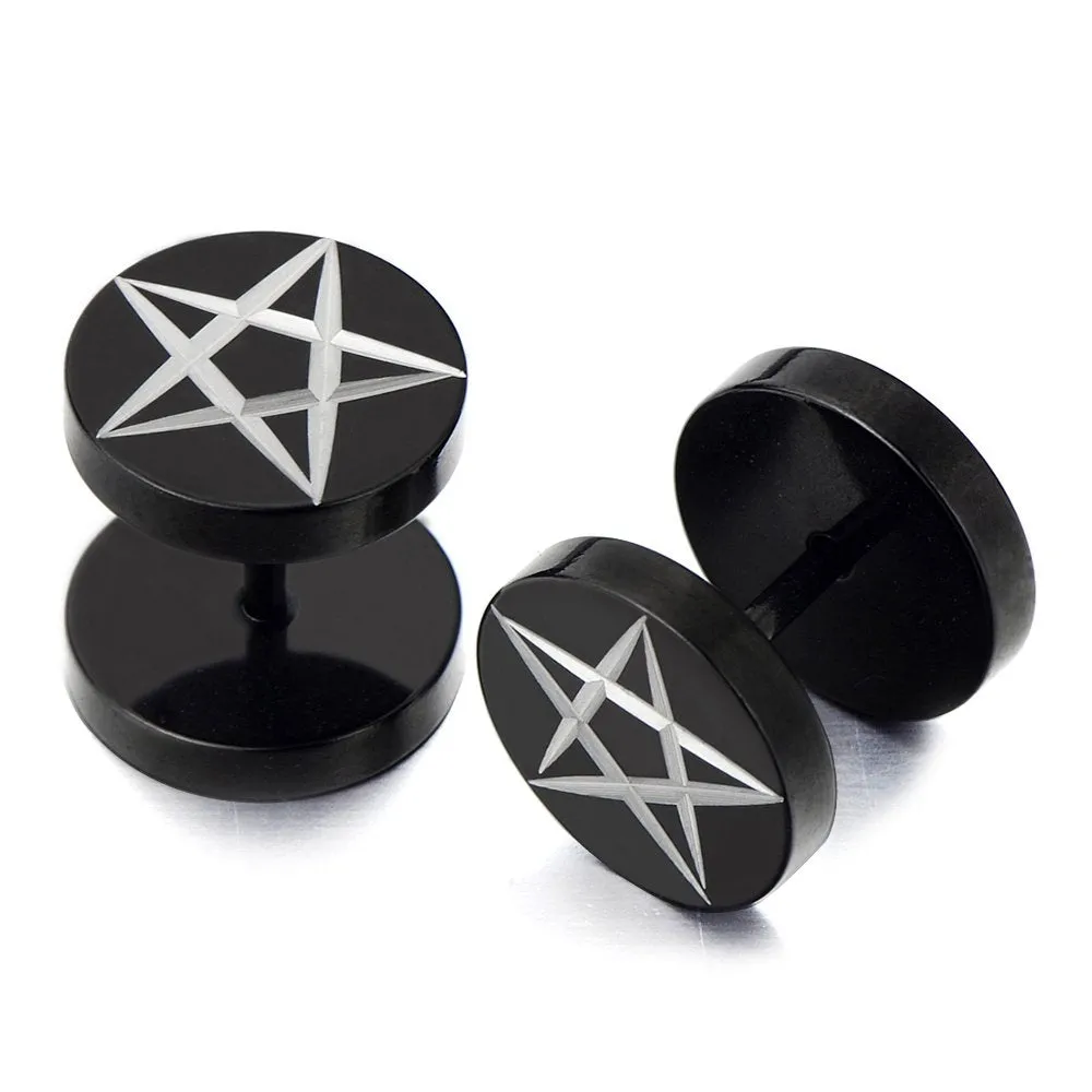 Black Stainless Steel Mens Pentagram Stud Earrings, Cheater Fake Ear Plugs Gauges Illusion Tunnel 2 Pcs