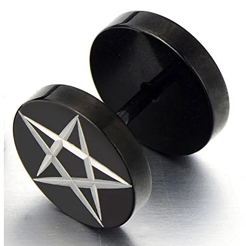 Black Stainless Steel Mens Pentagram Stud Earrings, Cheater Fake Ear Plugs Gauges Illusion Tunnel 2 Pcs