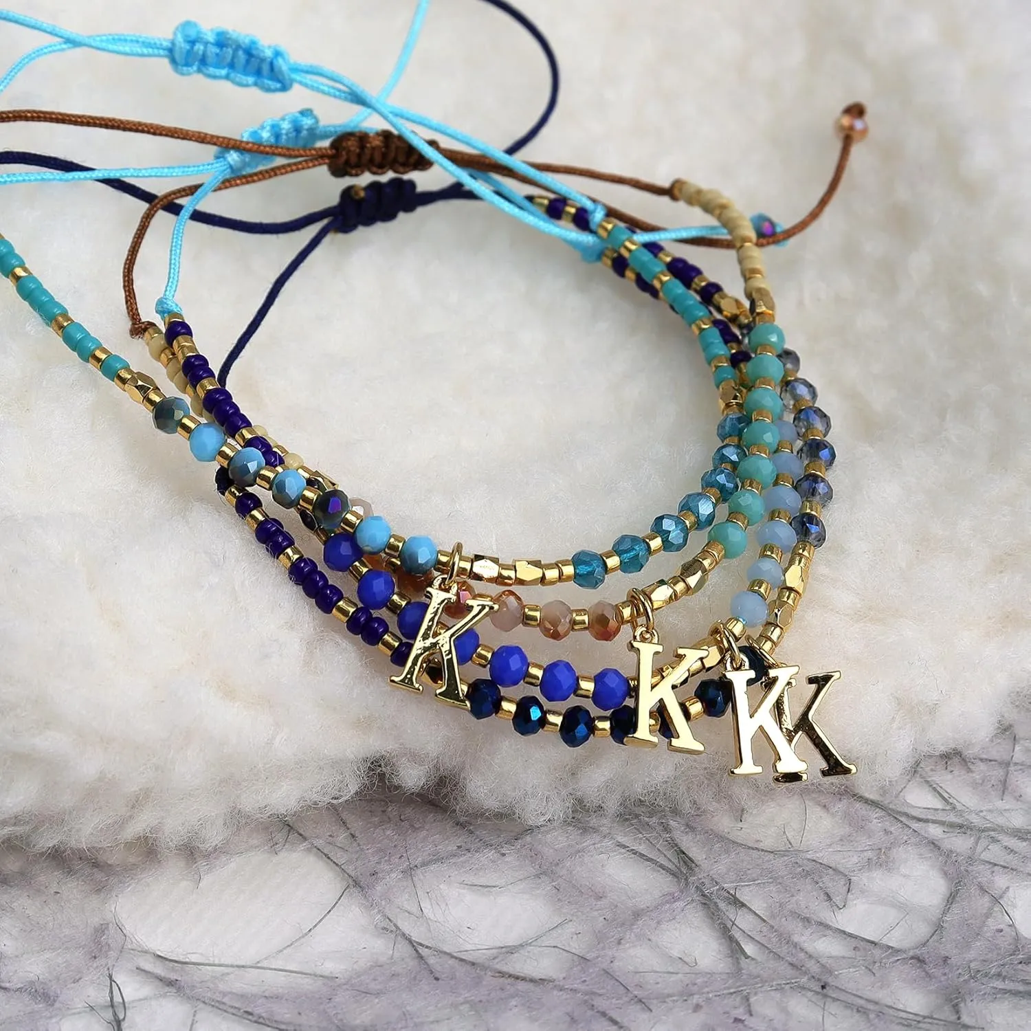 Blue Gold Beaded Natural Stone Initial Bracelets for Women, Boho Handmade Personalized Gemstone Beads Letter Name Braided Rope Adjustable Bracelet Beach Bohemian Jewelry Gift