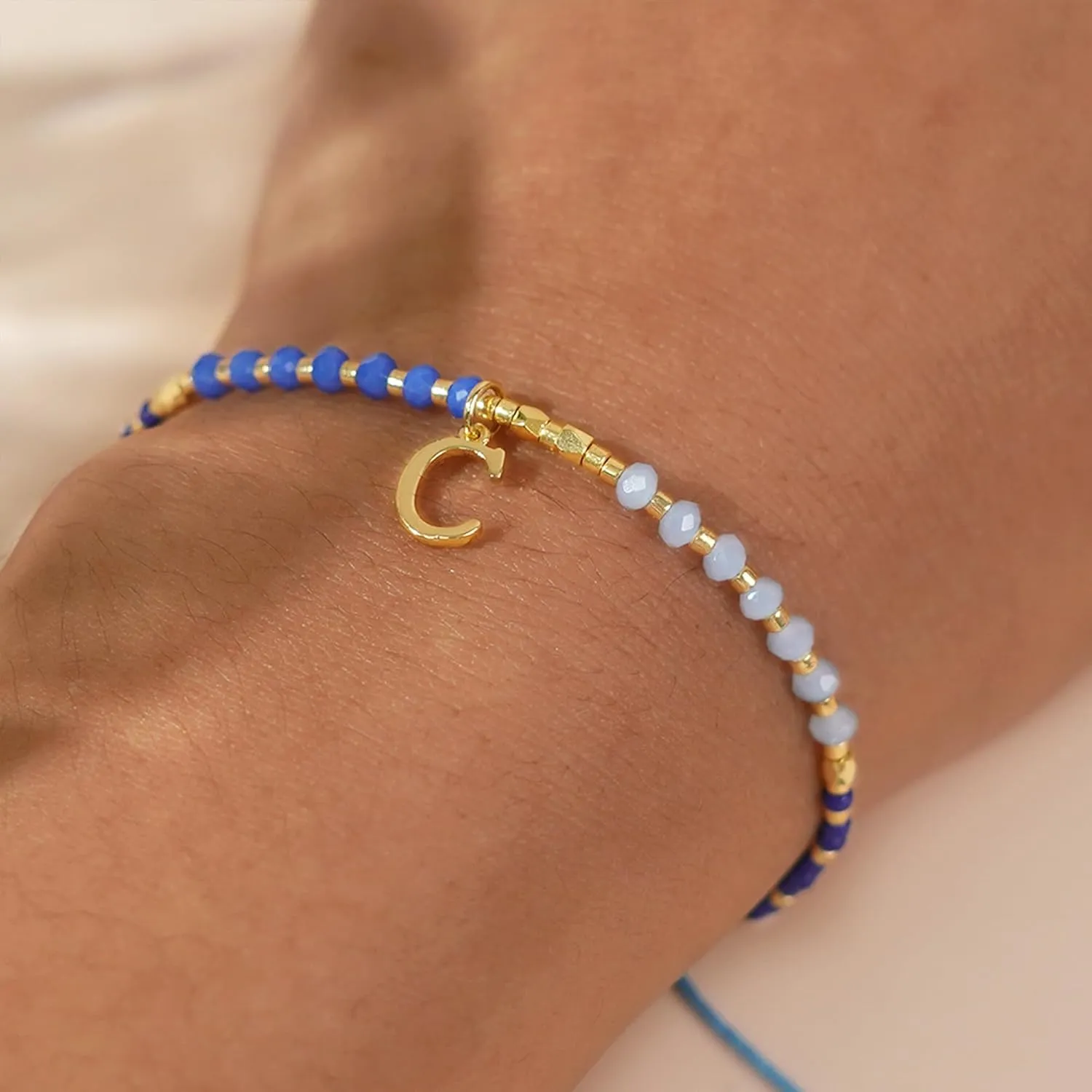Blue Gold Beaded Natural Stone Initial Bracelets for Women, Boho Handmade Personalized Gemstone Beads Letter Name Braided Rope Adjustable Bracelet Beach Bohemian Jewelry Gift