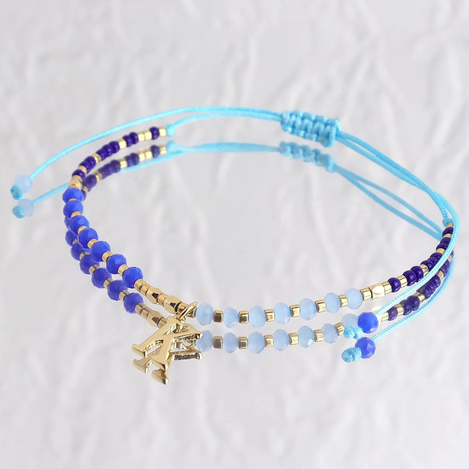 Blue Gold Beaded Natural Stone Initial Bracelets for Women, Boho Handmade Personalized Gemstone Beads Letter Name Braided Rope Adjustable Bracelet Beach Bohemian Jewelry Gift