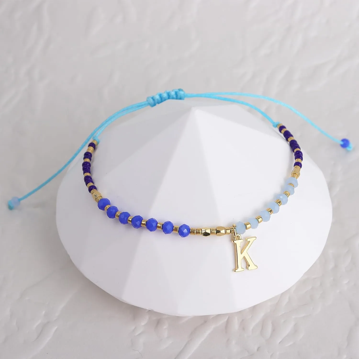 Blue Gold Beaded Natural Stone Initial Bracelets for Women, Boho Handmade Personalized Gemstone Beads Letter Name Braided Rope Adjustable Bracelet Beach Bohemian Jewelry Gift