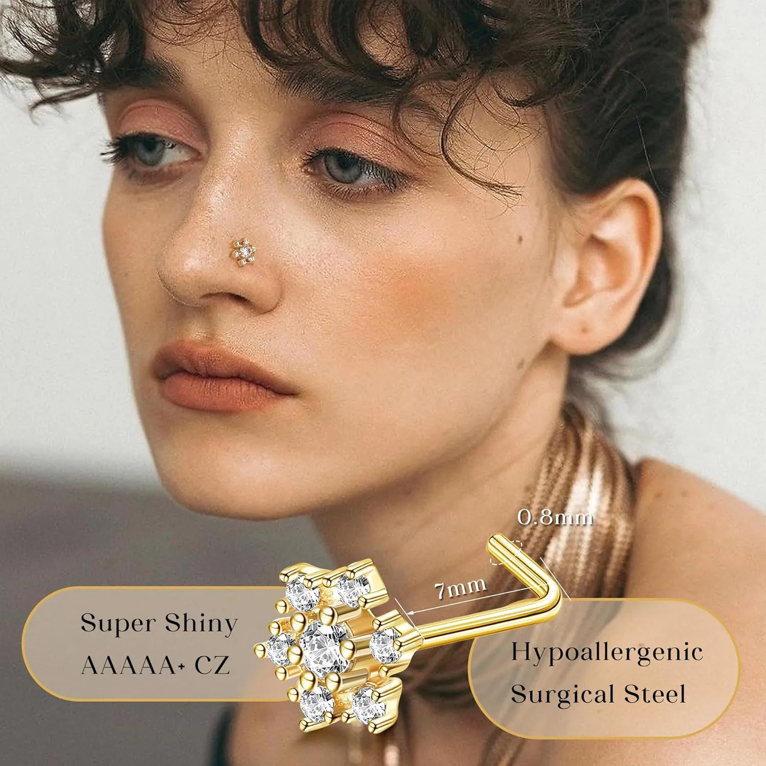 BodyBonita 9Pcs 20G Nose Rings Studs with Big Bling CZ Snowflake Star Top Surgical Steel L-Shaped Nose Studs Triple Linear Gem Ball Round Diamond CZ Nose Piercing Jewelry 7mm