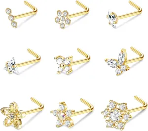 BodyBonita 9Pcs 20G Nose Rings Studs with Big Bling CZ Snowflake Star Top Surgical Steel L-Shaped Nose Studs Triple Linear Gem Ball Round Diamond CZ Nose Piercing Jewelry 7mm