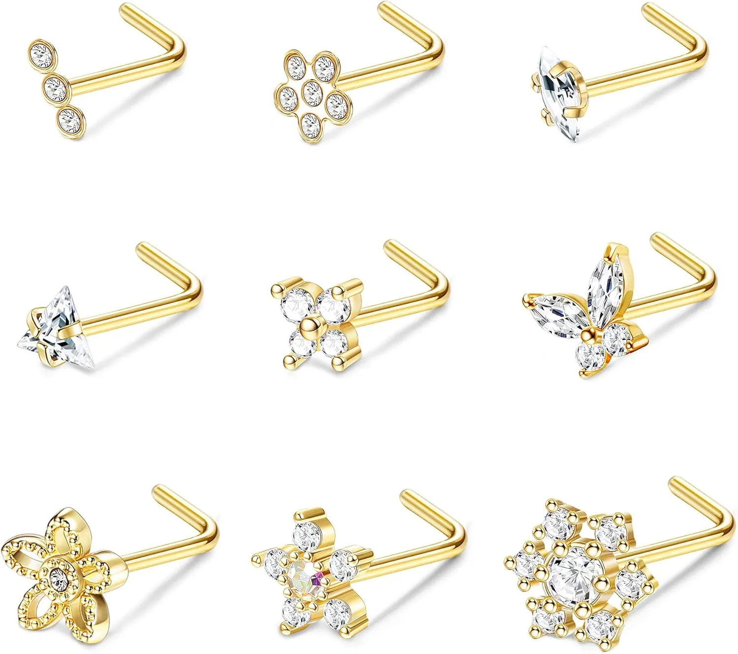 BodyBonita 9Pcs 20G Nose Rings Studs with Big Bling CZ Snowflake Star Top Surgical Steel L-Shaped Nose Studs Triple Linear Gem Ball Round Diamond CZ Nose Piercing Jewelry 7mm