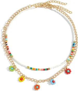 Bohemia Beaded Necklace, Colorful Bead Layered Necklaces for Women Trendy Flower Choker Y2K Aesthetic Handmade Boho Beach Statement Necklace Jewelry Gifts for Women