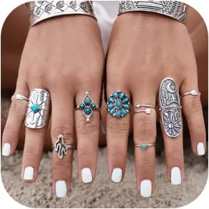 Bohemian Turquoise Ring Set for Women,Vintage Joint Knuckle Stackable Rings Oval Gemstone Ring Chunky Stone Crystal Midi Finger Ring Pack Western Jewelry