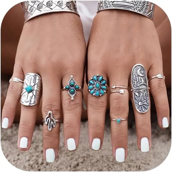 Bohemian Turquoise Ring Set for Women,Vintage Joint Knuckle Stackable Rings Oval Gemstone Ring Chunky Stone Crystal Midi Finger Ring Pack Western Jewelry