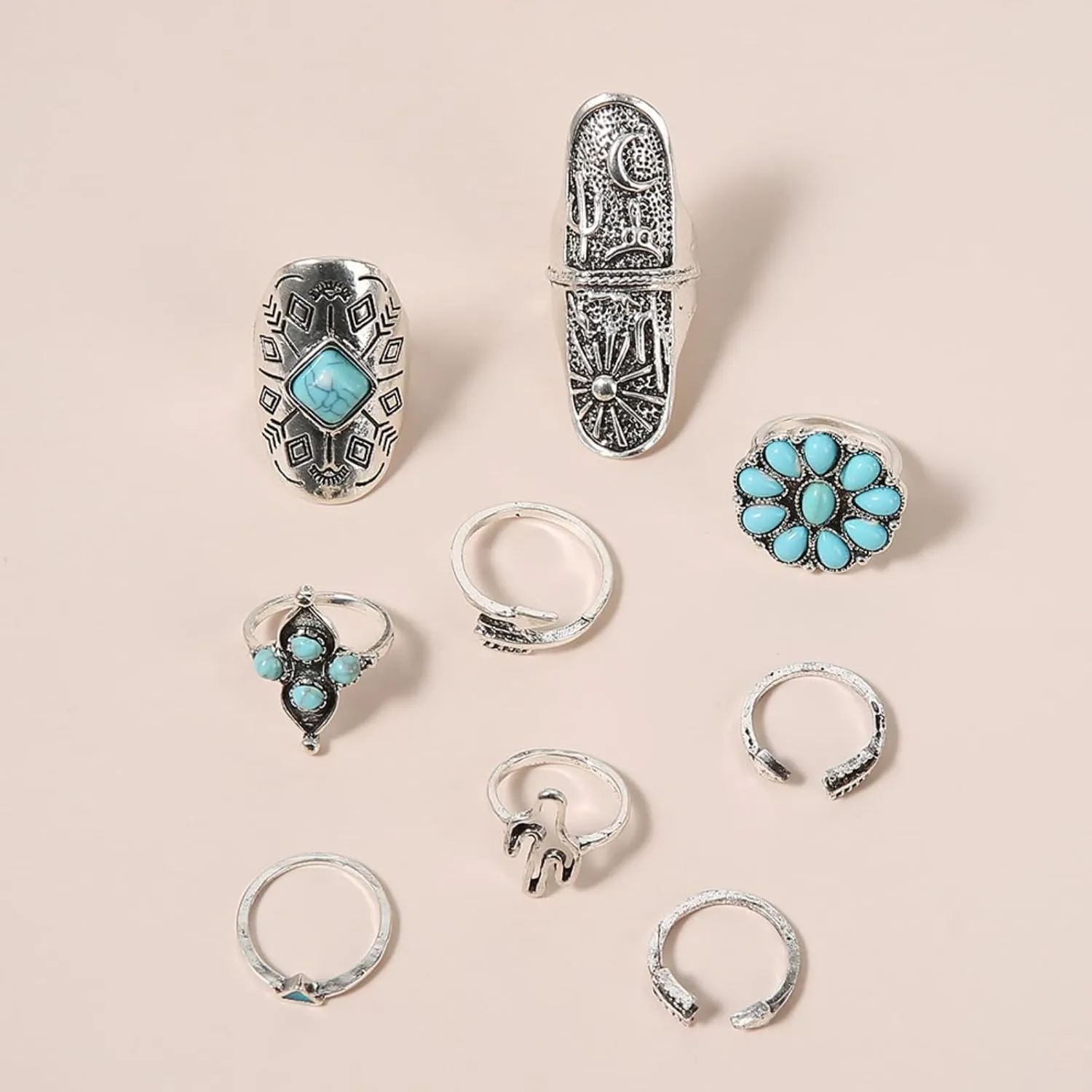 Bohemian Turquoise Ring Set for Women,Vintage Joint Knuckle Stackable Rings Oval Gemstone Ring Chunky Stone Crystal Midi Finger Ring Pack Western Jewelry