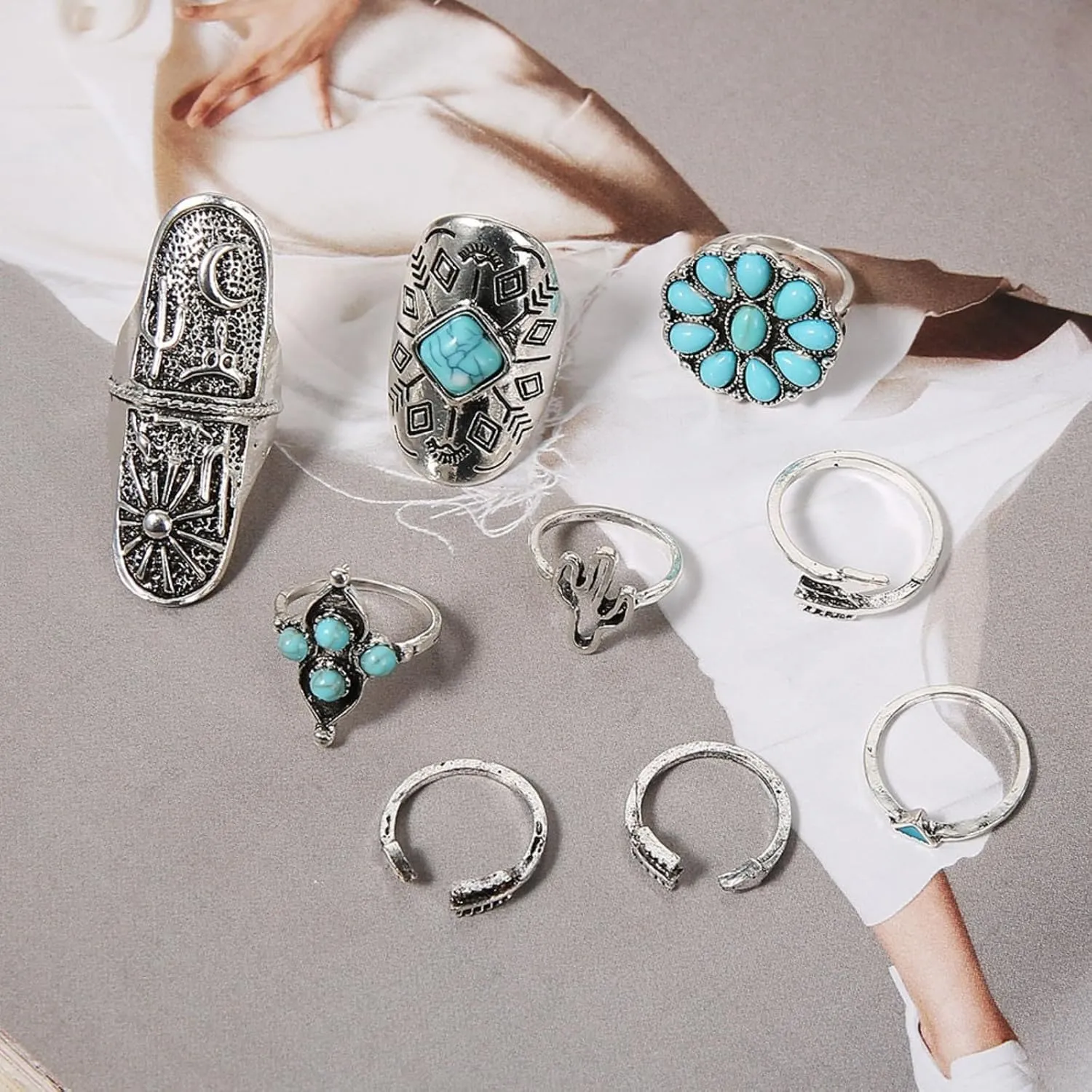 Bohemian Turquoise Ring Set for Women,Vintage Joint Knuckle Stackable Rings Oval Gemstone Ring Chunky Stone Crystal Midi Finger Ring Pack Western Jewelry