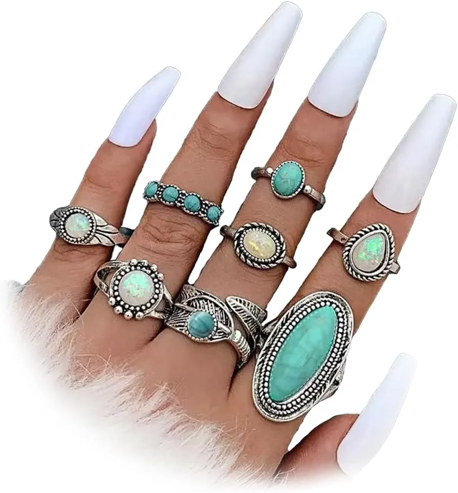 Bohemian Turquoise Ring Set for Women,Vintage Western Rings Chunky Turquoise Opal Stackable Knuckle Ring Set Punk Crystal Midi Finger Ring Pack Boho Jewelry