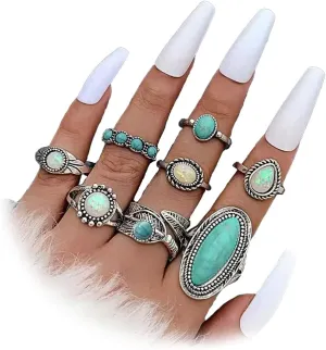 Bohemian Turquoise Ring Set for Women,Vintage Western Rings Chunky Turquoise Opal Stackable Knuckle Ring Set Punk Crystal Midi Finger Ring Pack Boho Jewelry