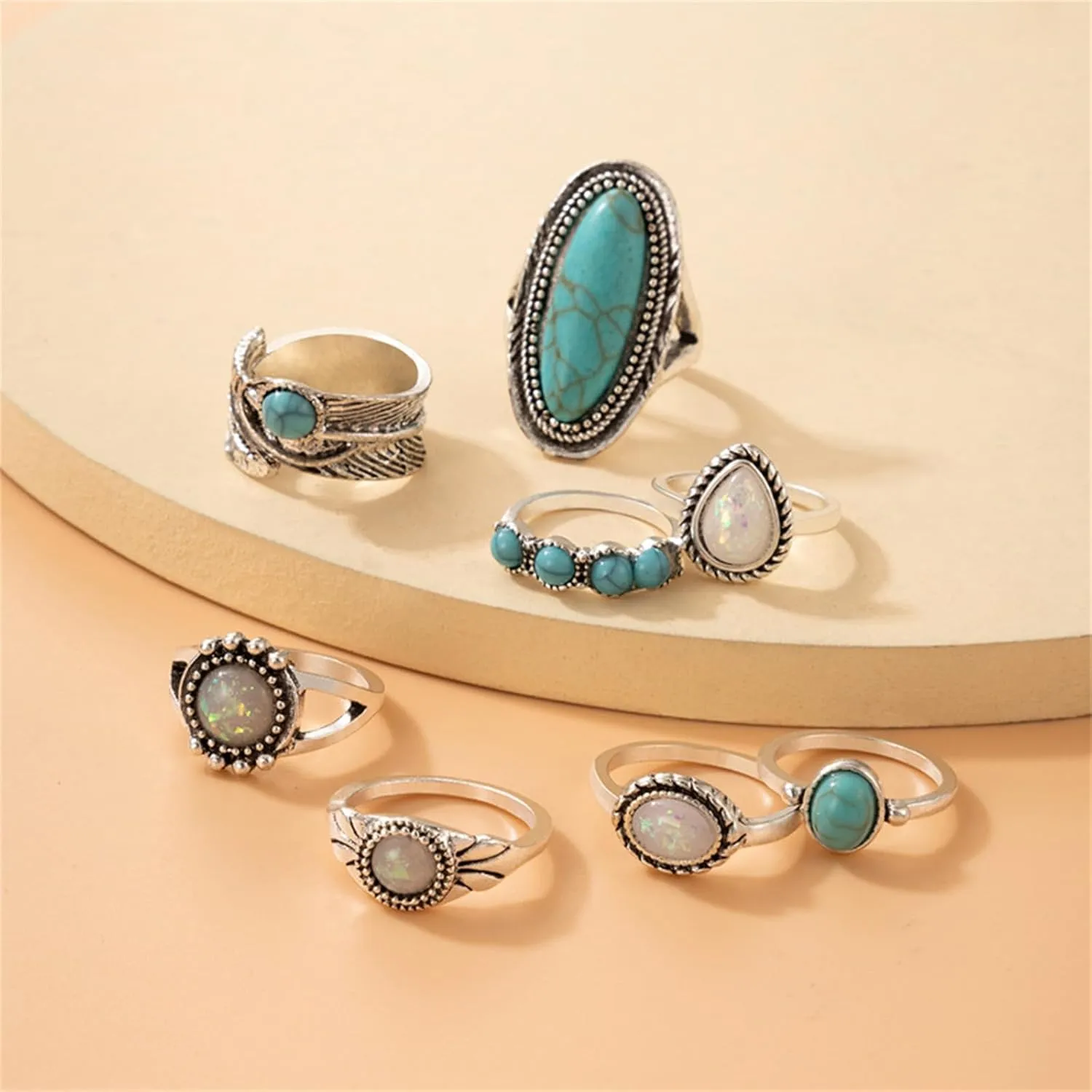 Bohemian Turquoise Ring Set for Women,Vintage Western Rings Chunky Turquoise Opal Stackable Knuckle Ring Set Punk Crystal Midi Finger Ring Pack Boho Jewelry