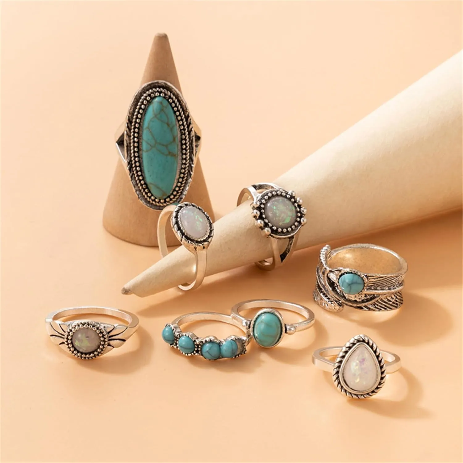 Bohemian Turquoise Ring Set for Women,Vintage Western Rings Chunky Turquoise Opal Stackable Knuckle Ring Set Punk Crystal Midi Finger Ring Pack Boho Jewelry
