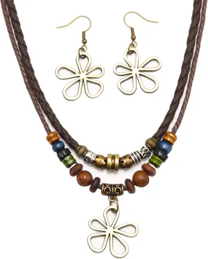 Boho Colorful Wooden Necklace for Women Boho Vintage Wood Bead Necklace Ethnic Layered Tribal Style Necklace Gold Flower Pendant Necklace Adjustable Braided Rope Necklace Statement Jewelry
