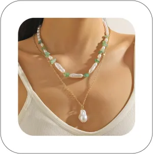Boho Layered Pearl Beaded Necklace Choker Trendy Natural Stone Bead Necklace Y2K Colorful Crystal Summer Beach Jewelry Gifts for Women Girls