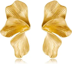 Bold Floral Statement Stud Earrings for Women  Large Gold Plated Leaf Design Earrings Chunky Stud Earrings Hypoallergenic Lightweight Fashion Jewelry Elegant Gift for Her