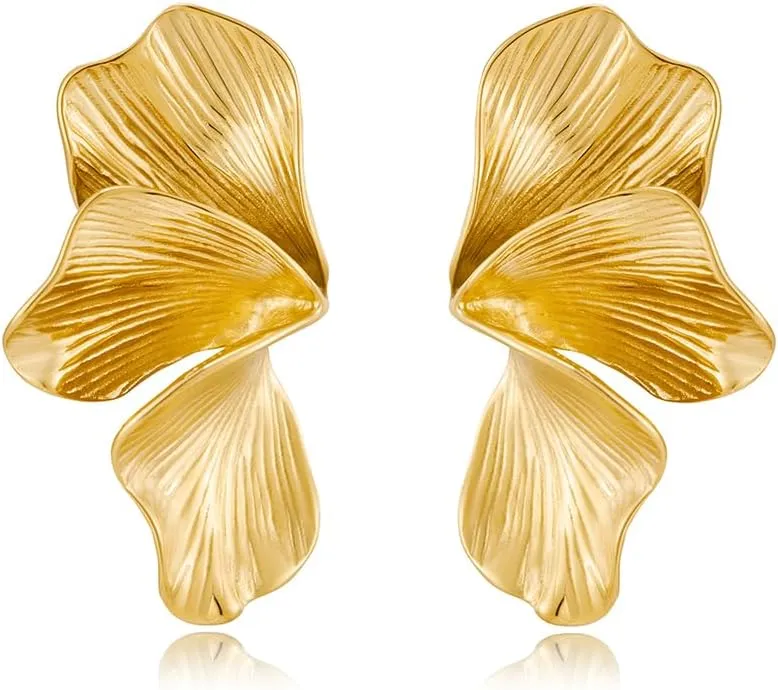 Bold Floral Statement Stud Earrings for Women  Large Gold Plated Leaf Design Earrings Chunky Stud Earrings Hypoallergenic Lightweight Fashion Jewelry Elegant Gift for Her