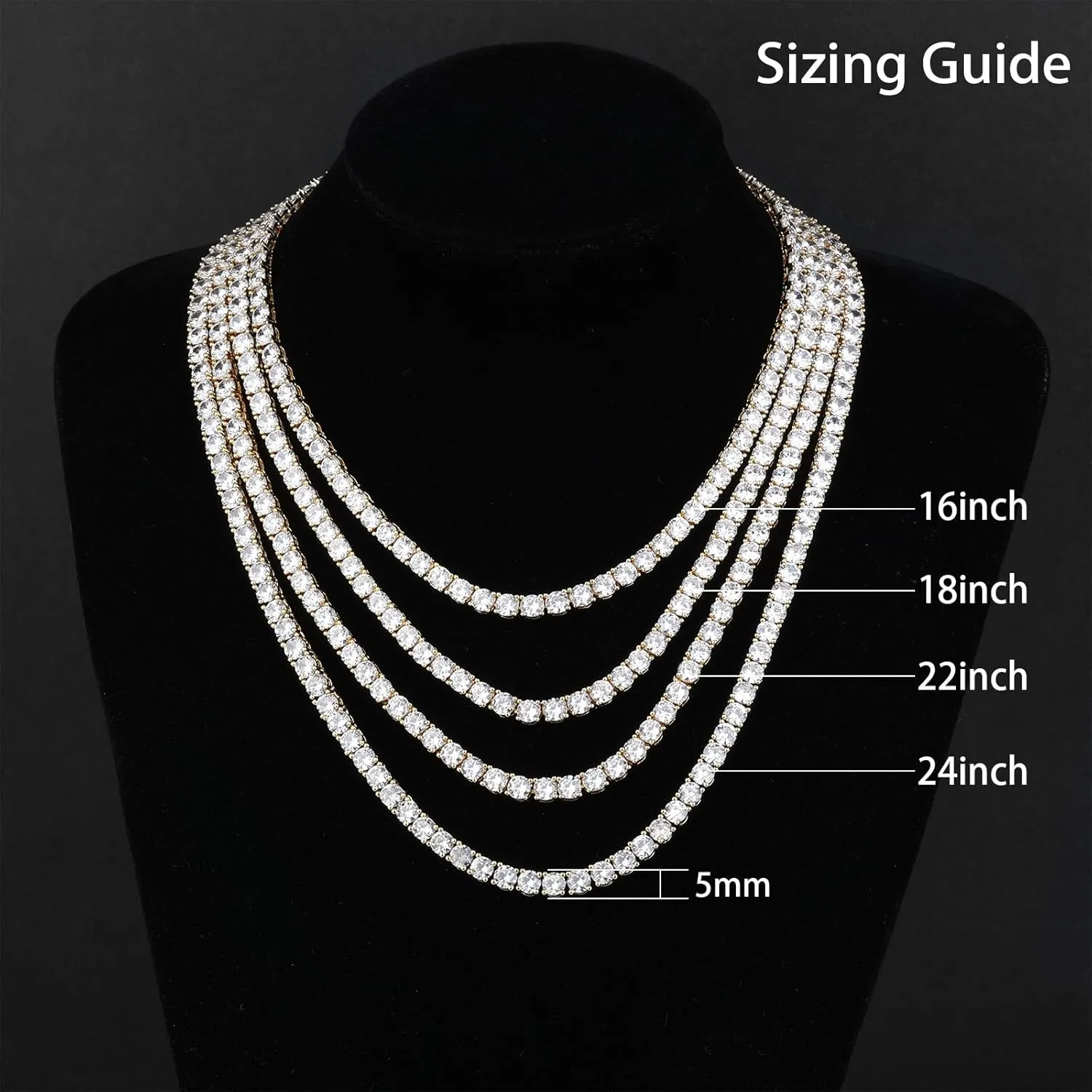 BREN Tennis Necklace - 3mm 4mm 5mm Iced Out Diamond Tennis Chain 5A Cubic Zirconia Necklace - 18K/White Gold Plated Flat Tennis Necklace for Women and Men Size 16"-22"