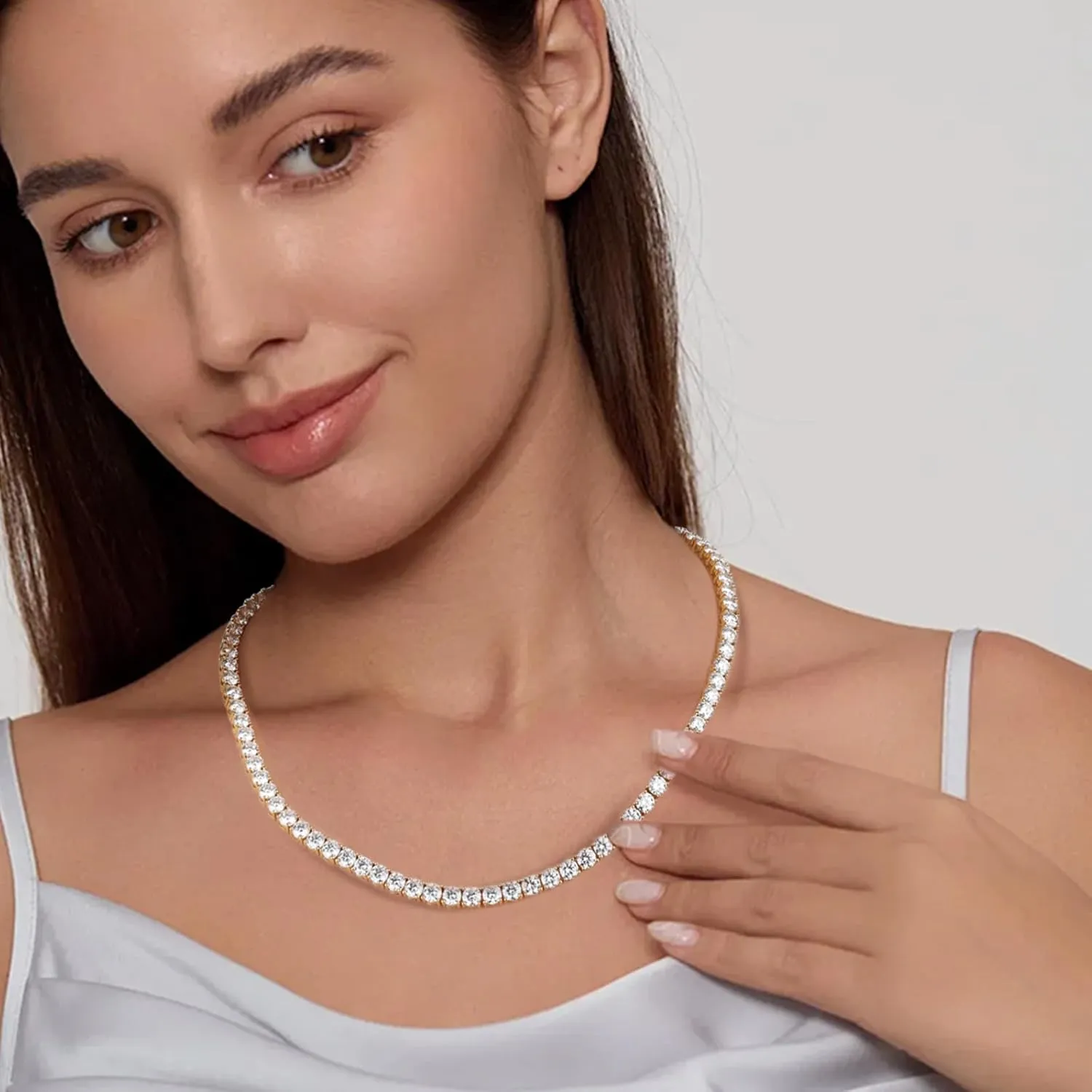 BREN Tennis Necklace - 3mm 4mm 5mm Iced Out Diamond Tennis Chain 5A Cubic Zirconia Necklace - 18K/White Gold Plated Flat Tennis Necklace for Women and Men Size 16"-22"