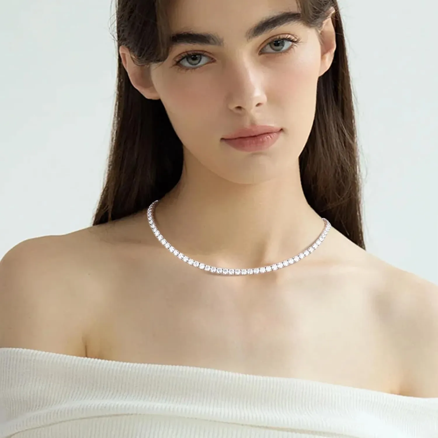 BREN Tennis Necklace - 3mm 4mm 5mm Iced Out Diamond Tennis Chain 5A Cubic Zirconia Necklace - 18K/White Gold Plated Flat Tennis Necklace for Women and Men Size 16"-22"