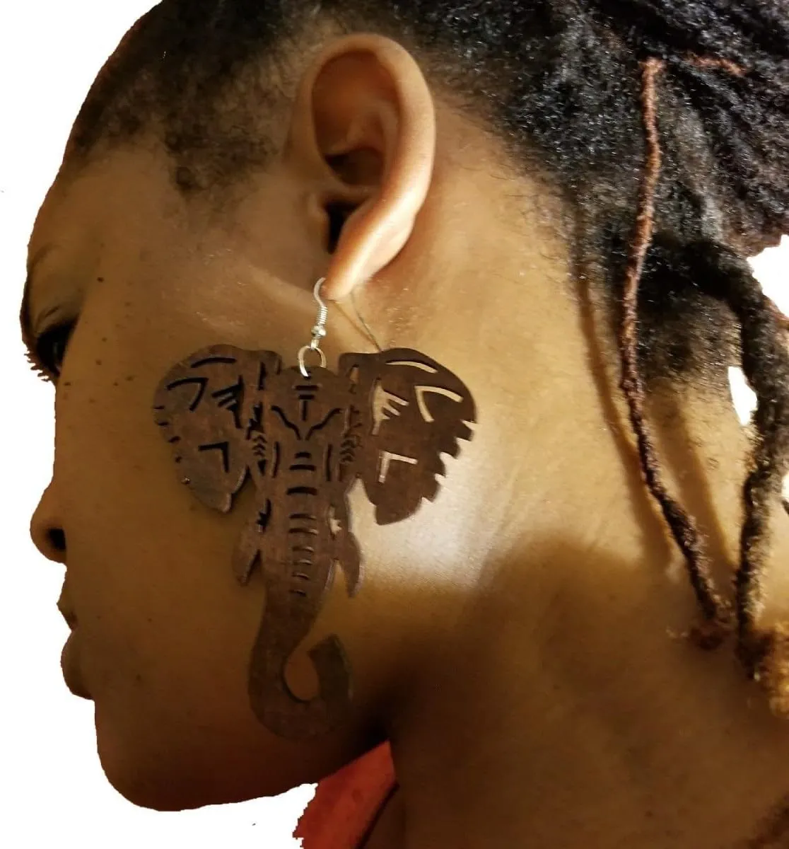 BUNFIREs Black, Brown Light Brown Wood Earrings Natural Hair Light Weight Wood Woman Earrings African Elephant Wooden Shape Jewelry