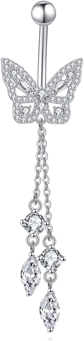 Butterfly Belly Button Ring Sterling Silver Long Belly Button Rings Gift for Women