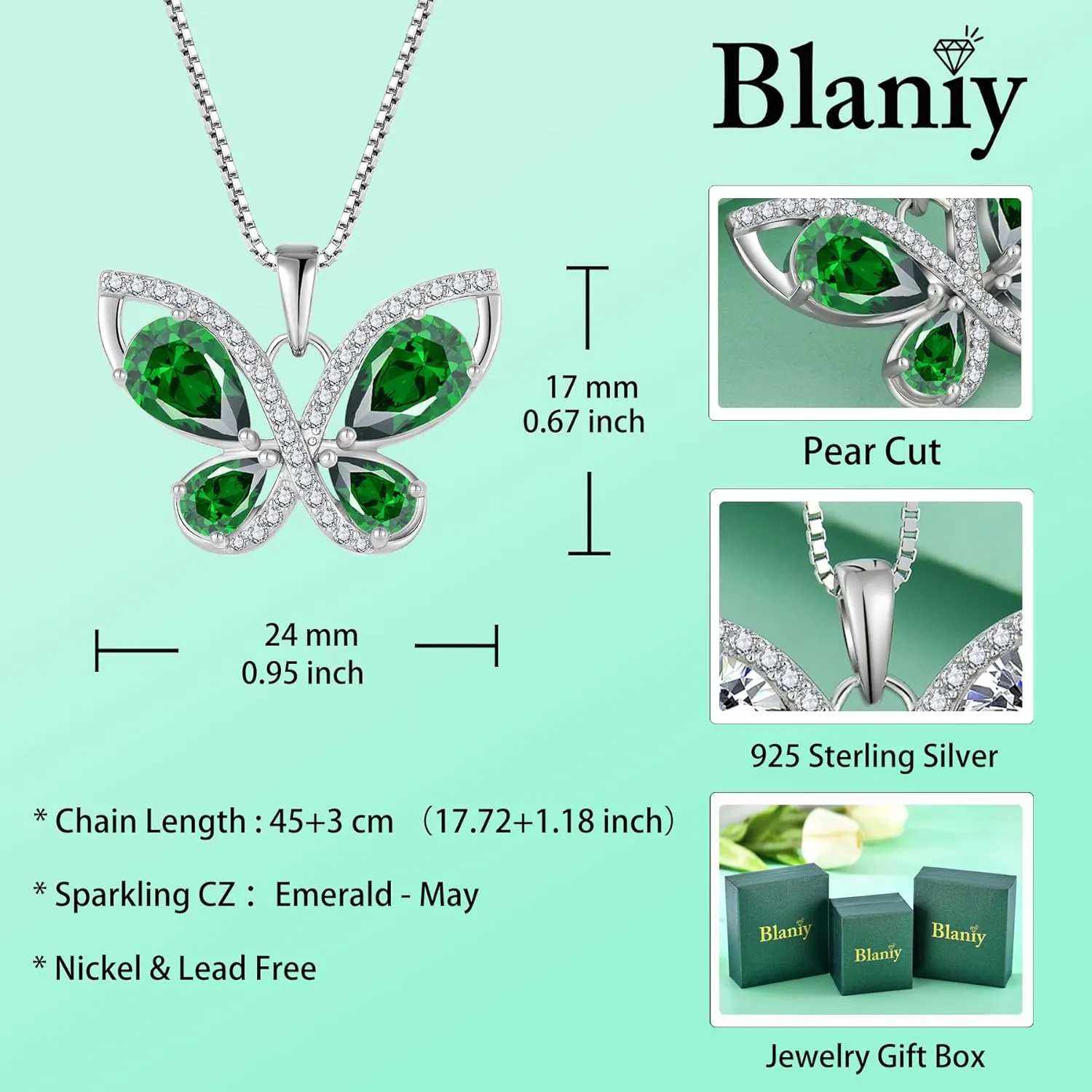 Butterfly Necklace for Women 925 Sterling Silver Birthstone Pendant Created Gemstone Jewelry Gifts for Her