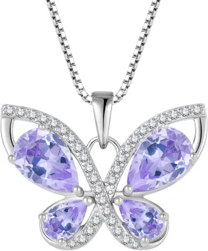 Butterfly Necklace for Women 925 Sterling Silver Birthstone Pendant Created Gemstone Jewelry Gifts for Her