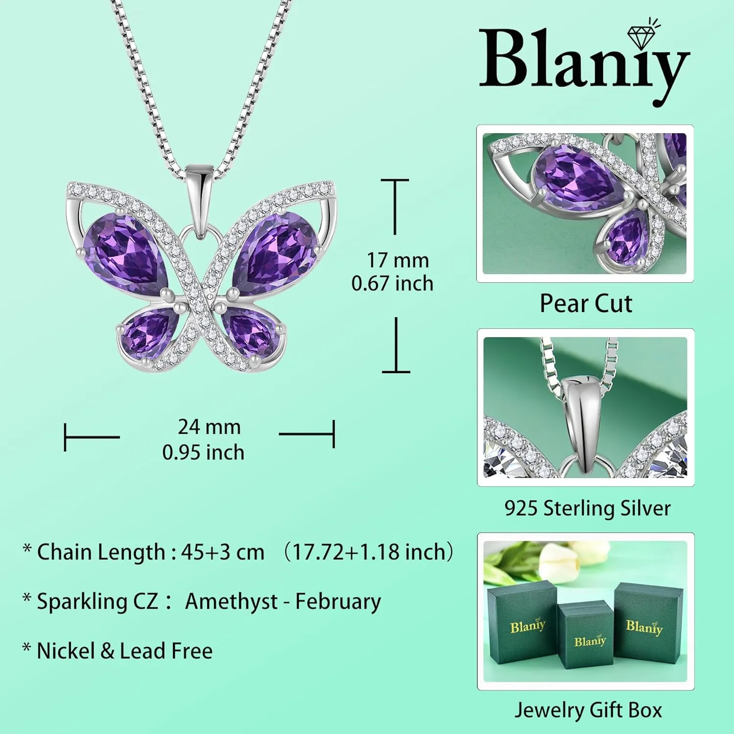 Butterfly Necklace for Women 925 Sterling Silver Birthstone Pendant Created Gemstone Jewelry Gifts for Her