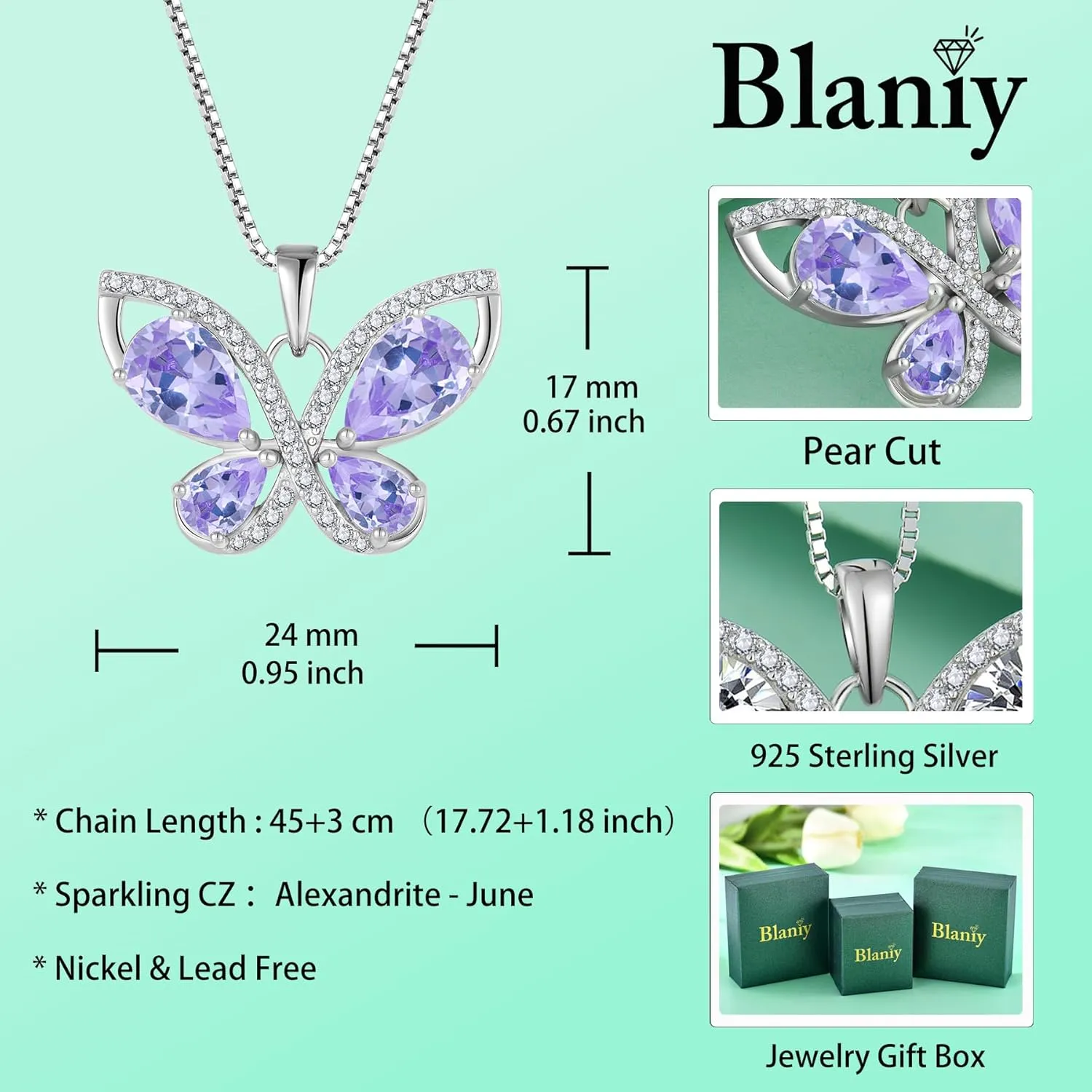 Butterfly Necklace for Women 925 Sterling Silver Birthstone Pendant Created Gemstone Jewelry Gifts for Her