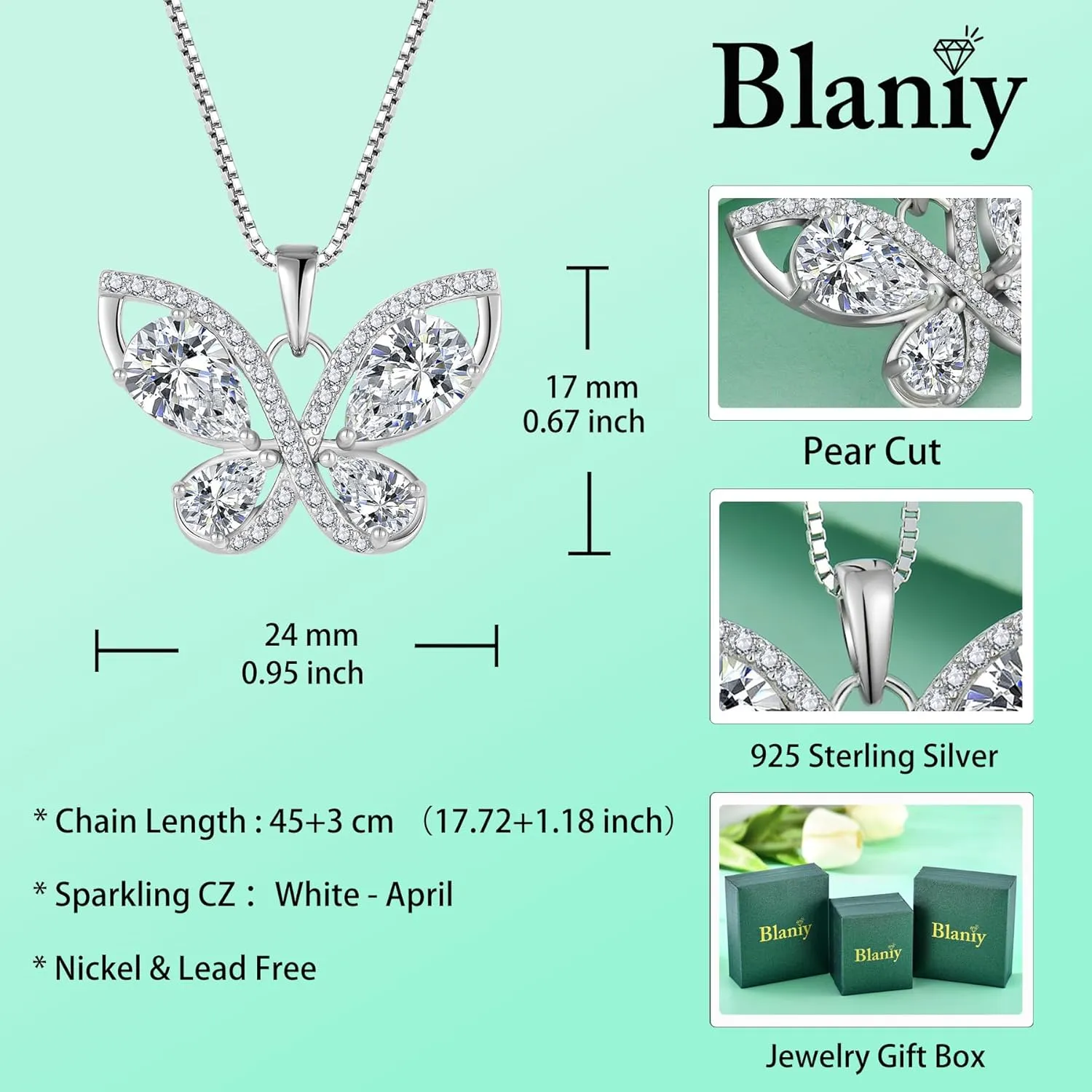 Butterfly Necklace for Women 925 Sterling Silver Birthstone Pendant Created Gemstone Jewelry Gifts for Her