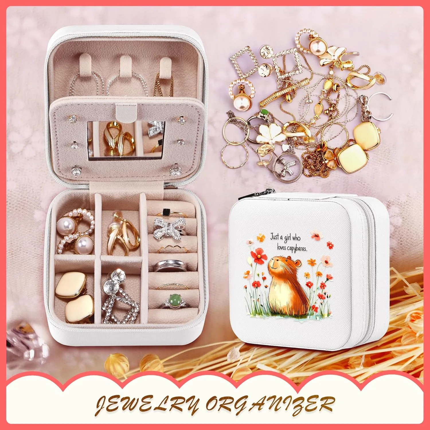 Capybara Jewelry Box, Gifts For Teens Girls Age 8-12, Capybara Lovers Stuff Items Accessories Things Merchandise Decor Merch, Travel Ring Earrings Necklace Organizer Holder!