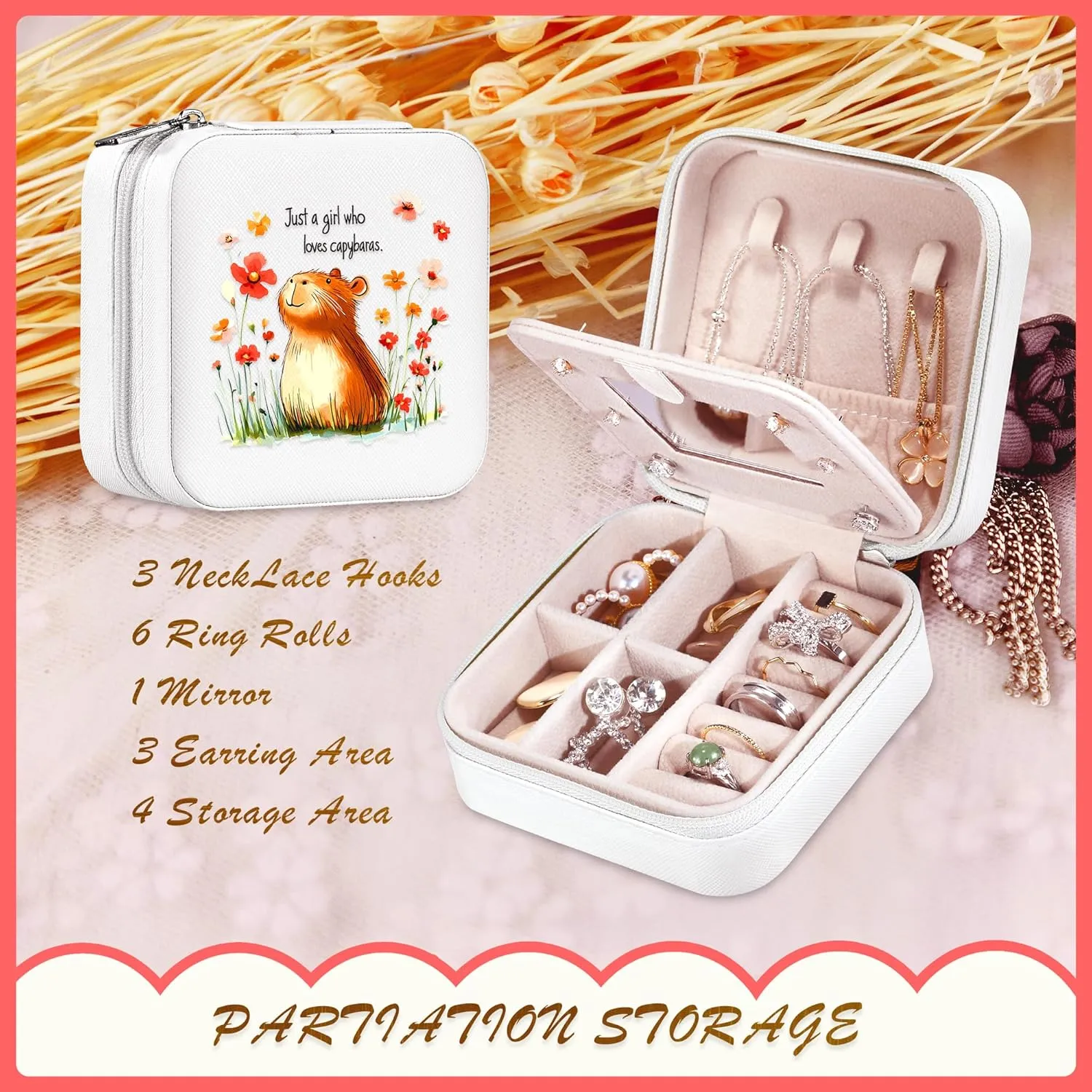 Capybara Jewelry Box, Gifts For Teens Girls Age 8-12, Capybara Lovers Stuff Items Accessories Things Merchandise Decor Merch, Travel Ring Earrings Necklace Organizer Holder!