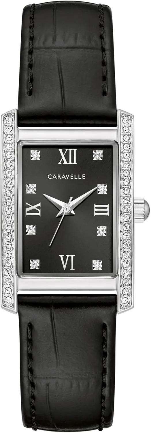 Caravelle by Bulova Ladies' Classic Crystal 3-Hand Quartz Watch, Roman Numeral Markers, Rectangle Case, Curved Mineral Crystal