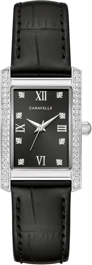 Caravelle by Bulova Ladies' Classic Crystal 3-Hand Quartz Watch, Roman Numeral Markers, Rectangle Case, Curved Mineral Crystal