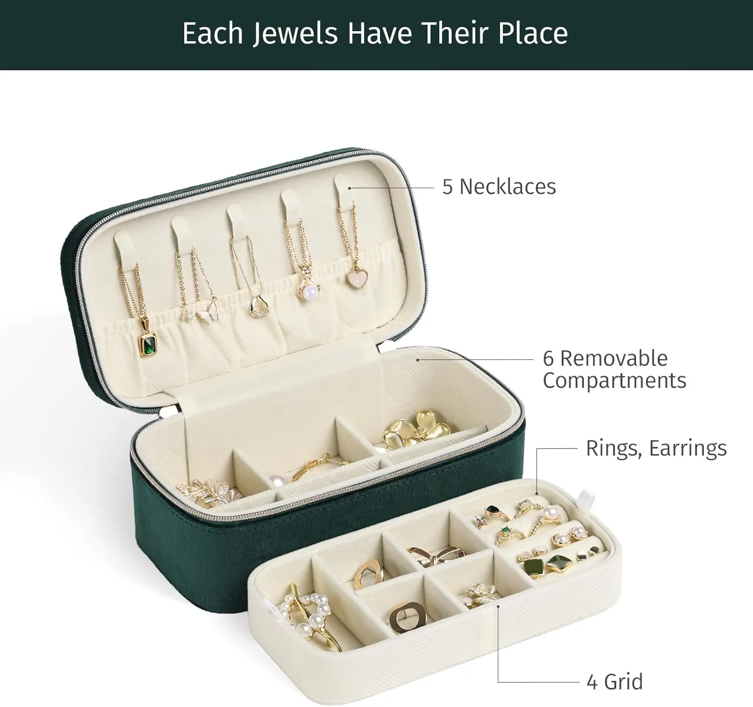 CASEGRACE Travel Jewelry Case,2-Layer Jewelry Holder Organizer Display Box,7.08x 3.8x 3 .1Inches Portable Jewelry Box for Necklace Earring Rings Bracelet Sunglasses lipstick Best Gift (Dark Green)