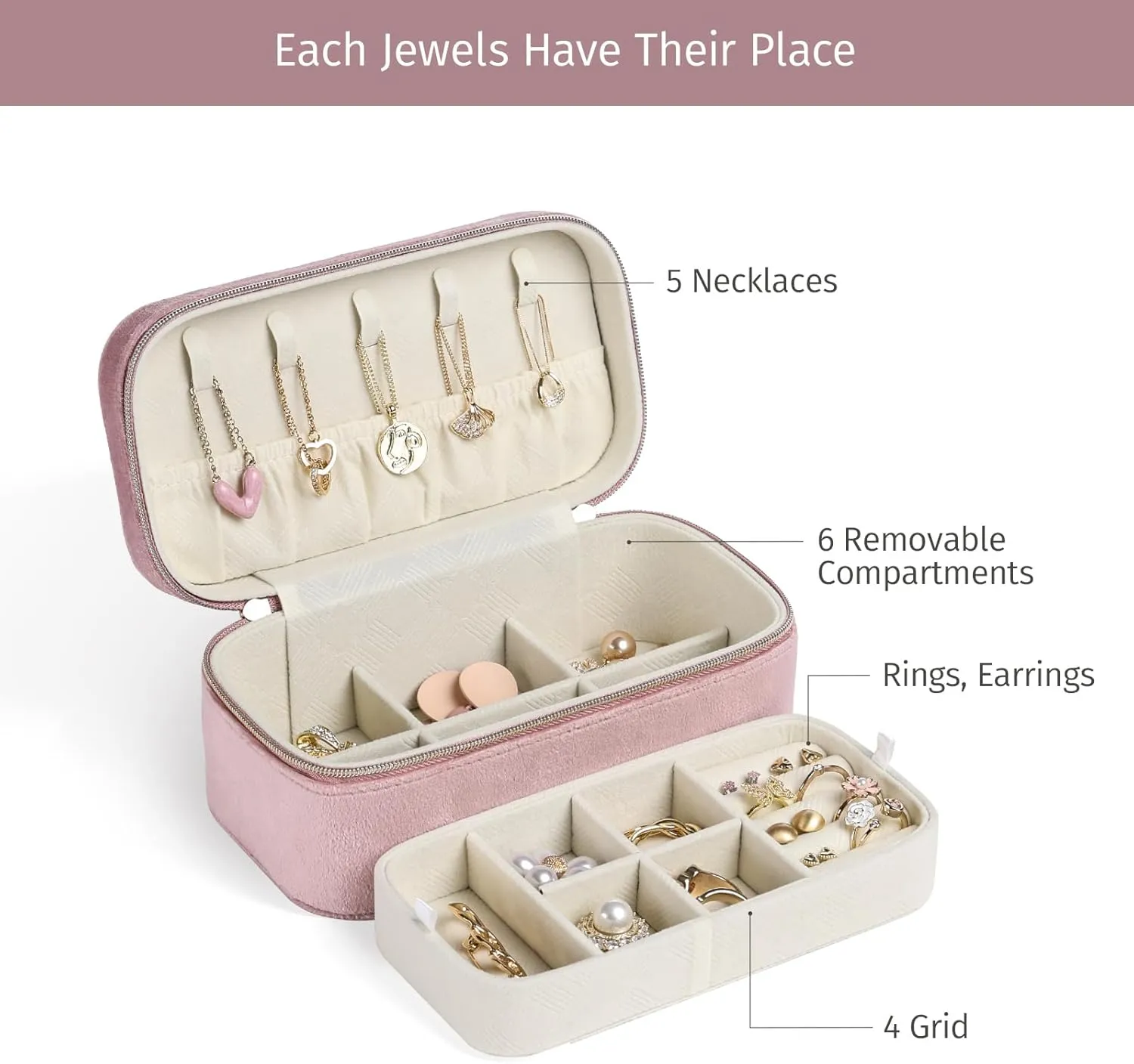 CASEGRACE Travel Jewelry Case,2-Layer Jewelry Holder Organizer Display Box,7.08x 3.8x 3 .1Inches Portable Jewelry Box for Necklace Earring Rings Bracelet Sunglasses lipstick Best Gift (Dusty Pink)