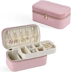 CASEGRACE Travel Jewelry Case,2-Layer Jewelry Holder Organizer Display Box,7.08x 3.8x 3 .1Inches Portable Jewelry Box for Necklace Earring Rings Bracelet Sunglasses lipstick Best Gift (Dusty Pink)