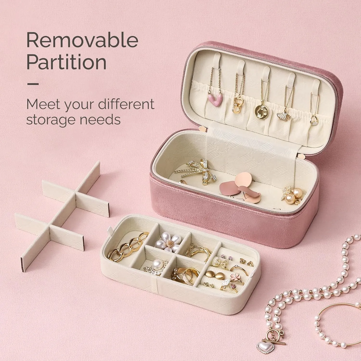 CASEGRACE Travel Jewelry Case,2-Layer Jewelry Holder Organizer Display Box,7.08x 3.8x 3 .1Inches Portable Jewelry Box for Necklace Earring Rings Bracelet Sunglasses lipstick Best Gift (Dusty Pink)