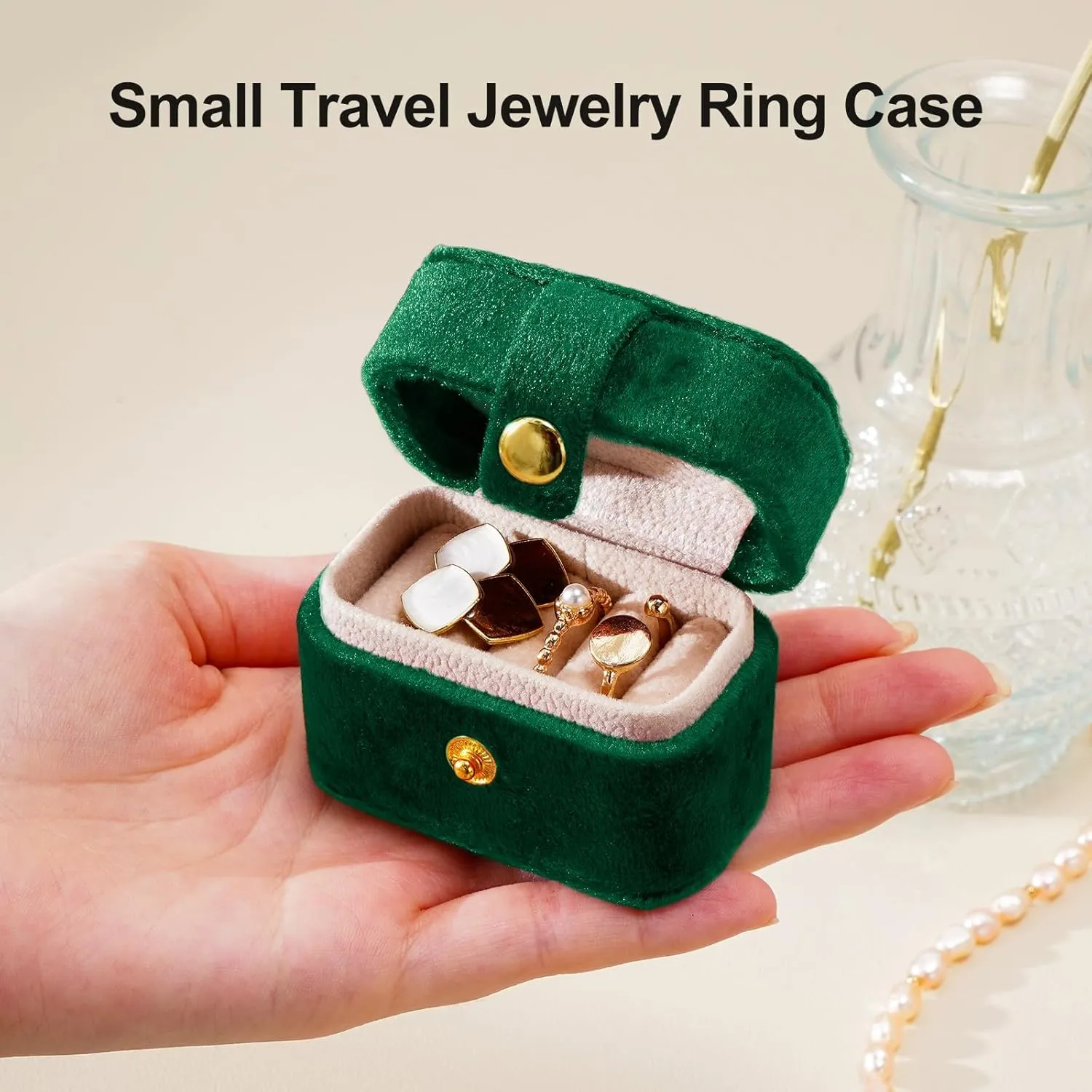 CASEGRACE Velvet Travel Jewelry Case - Portable Small Jewelry Ring Box Plush Velvet Ring Storage Case for Rings Earrings, Travel Essential Accessories for Women, Emerald