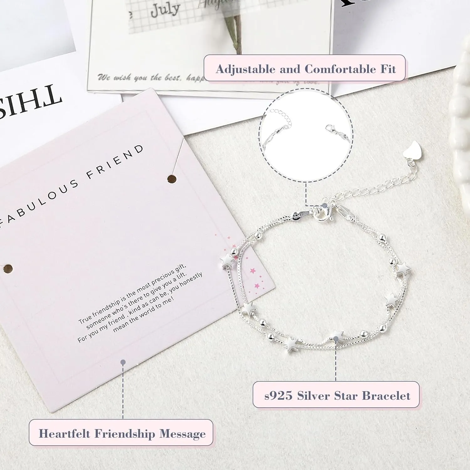 CEELGON Best Friend Birthday Gifts for Women - Friendship Gifts for Women Silver Star Bracelet, Birthday Gifts for Bestie Bracelets, Congratulations Gift Layered Bracelets with Card
