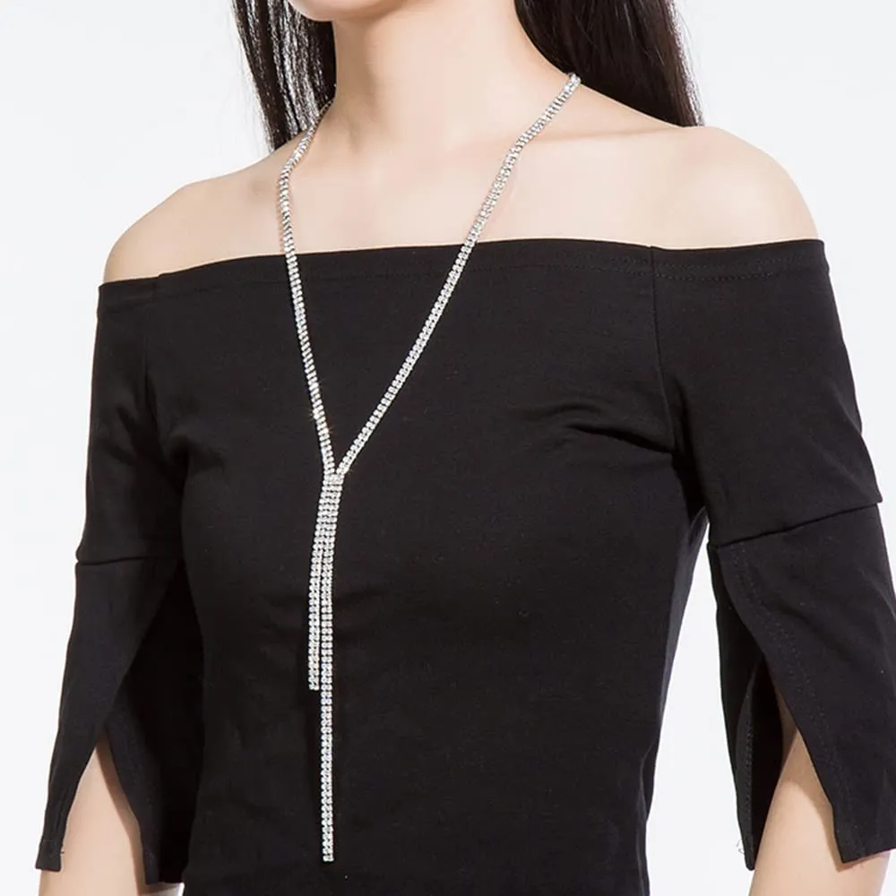 Chargances Womens Fashion Rhinestone Long Necklaces Trendy Long Elegant Crystal Chain Choker Sweater Statement Necklace Women Fashion (Silver)